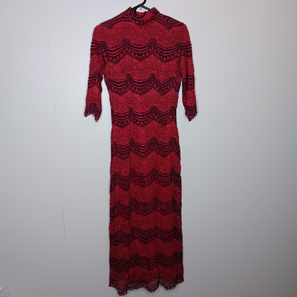 Dainty Jewells Maxi Dress Womens Size M Red Navy Blue Lace Mock Neck Modest